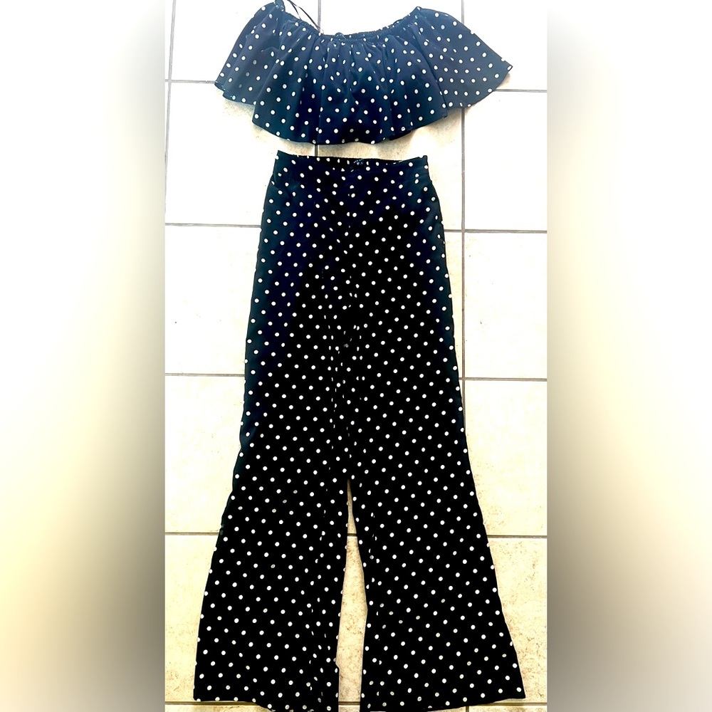 Etophe Studio - navy polka dot set - crop top & wide flared high waist pant.